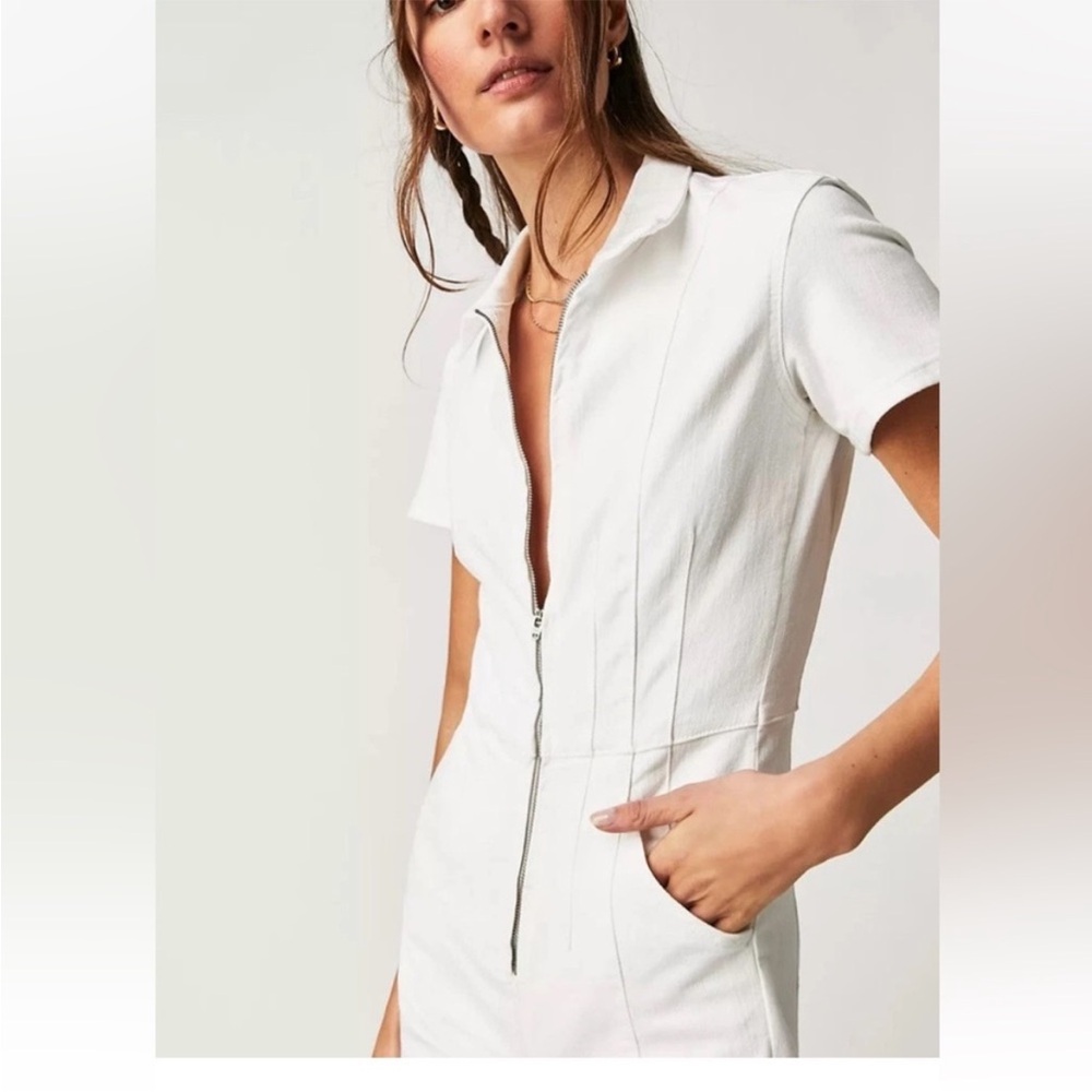 FREE PEOPLE WE THE FREE JAYDE DENIM FLARE JUMPSUIT IN PURE WHITE - Picture 3 of 3